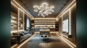 DALL·E 2023-12-20 20.32.18 - A modern interior showcasing 2024 lighting trends. The room features eco-friendly and energy-efficient LED lighting with a minimalist design. Smart li