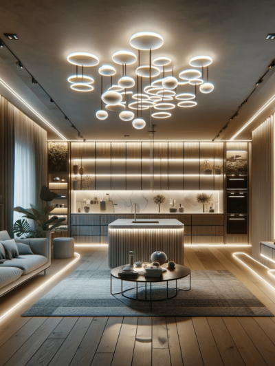 DALL·E 2023-12-20 20.32.18 - A modern interior showcasing 2024 lighting trends. The room features eco-friendly and energy-efficient LED lighting with a minimalist design. Smart li
