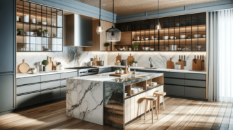 DALL·E 2023-12-20 20.33.32 - A modern kitchen featuring a range of innovative countertop ideas. The kitchen includes a large island with a polished quartz countertop, known for it