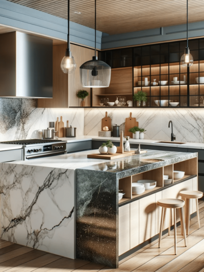 DALL·E 2023-12-20 20.33.32 - A modern kitchen featuring a range of innovative countertop ideas. The kitchen includes a large island with a polished quartz countertop, known for it