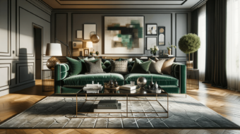 DALL·E 2023-12-20 20.34.36 - A beautifully designed living room focused on a stylish sofa. The sofa is large and comfortable, upholstered in a luxurious velvet fabric in a deep em