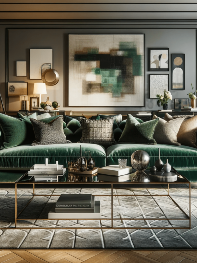 DALL·E 2023-12-20 20.34.36 - A beautifully designed living room focused on a stylish sofa. The sofa is large and comfortable, upholstered in a luxurious velvet fabric in a deep em
