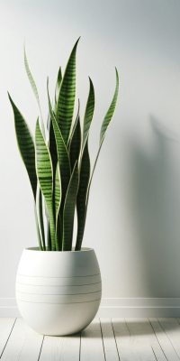 DALL·E 2023-12-20 20.35.42 - A minimalist interior design scene focusing on a single, elegant houseplant. The plant is a tall, slender snake plant (Sansevieria), known for its arc