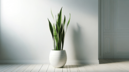 DALL·E 2023-12-20 20.35.42 - A minimalist interior design scene focusing on a single, elegant houseplant. The plant is a tall, slender snake plant (Sansevieria), known for its arc
