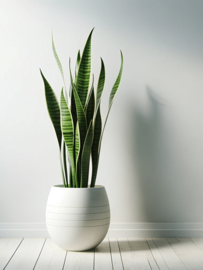 DALL·E 2023-12-20 20.35.42 - A minimalist interior design scene focusing on a single, elegant houseplant. The plant is a tall, slender snake plant (Sansevieria), known for its arc