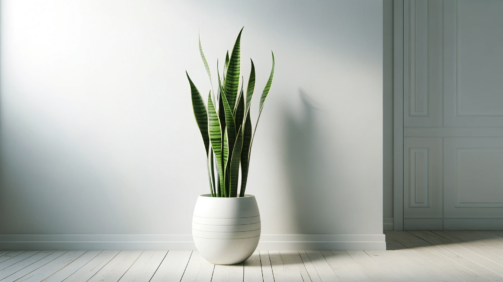 DALL·E 2023-12-20 20.35.42 - A minimalist interior design scene focusing on a single, elegant houseplant. The plant is a tall, slender snake plant (Sansevieria), known for its arc