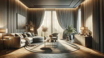 DALL·E 2023-12-17 17.59.50 - A panoramic header image for a blog post about window curtains in interior design. The scene is set in a stylish living room, showcasing elegant, floo