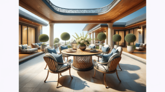 DALL·E 2023-12-20 20.12.35 - An elegant patio dining set, designed for outdoor use. The set includes a large, round wooden table and six chairs made of a combination of wrought ir