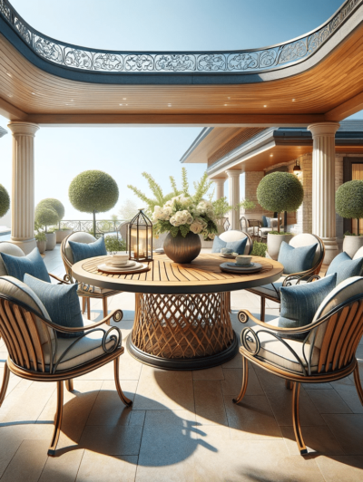 DALL·E 2023-12-20 20.12.35 - An elegant patio dining set, designed for outdoor use. The set includes a large, round wooden table and six chairs made of a combination of wrought ir