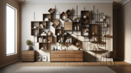 DALL·E 2023-12-20 20.20.32 - A stylish interior featuring a variety of modern shelves. The scene includes a large wall-mounted shelving unit made of natural dark wood, with geomet