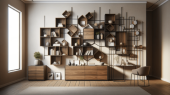 DALL·E 2023-12-20 20.20.32 - A stylish interior featuring a variety of modern shelves. The scene includes a large wall-mounted shelving unit made of natural dark wood, with geomet