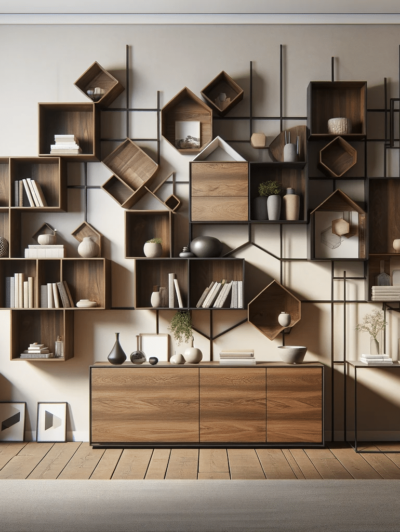 DALL·E 2023-12-20 20.20.32 - A stylish interior featuring a variety of modern shelves. The scene includes a large wall-mounted shelving unit made of natural dark wood, with geomet