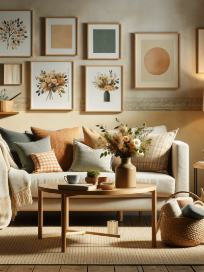 DALL·E 2023-12-20 20.23.25 - A cozy living room scene featuring a variety of affordable home accessories. The room is decorated with colorful throw pillows on a comfortable sofa,