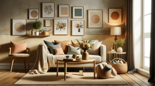 DALL·E 2023-12-20 20.23.25 - A cozy living room scene featuring a variety of affordable home accessories. The room is decorated with colorful throw pillows on a comfortable sofa,