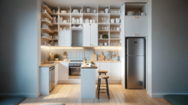 DALL·E 2023-12-20 20.25.14 - A compact and efficient small kitchen design, featuring space-saving solutions. The kitchen includes white upper cabinets and open shelving, maximizin (1)