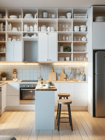 DALL·E 2023-12-20 20.25.14 - A compact and efficient small kitchen design, featuring space-saving solutions. The kitchen includes white upper cabinets and open shelving, maximizin (1)
