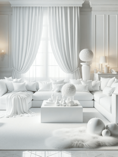DALL·E 2023-12-20 20.27.07 - An elegant all-white interior design of a living room. The room features a white sectional sofa with plush cushions, a white coffee table, and white d
