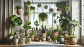 DALL·E 2023-12-20 20.29.00 - A beautifully arranged indoor garden scene with a variety of houseplants. The scene includes large potted plants like a fiddle leaf fig and a monstera
