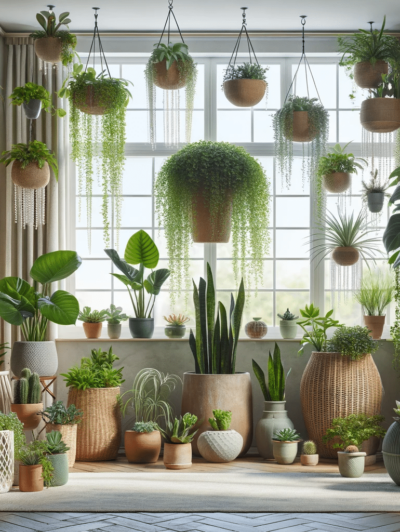 DALL·E 2023-12-20 20.29.00 - A beautifully arranged indoor garden scene with a variety of houseplants. The scene includes large potted plants like a fiddle leaf fig and a monstera