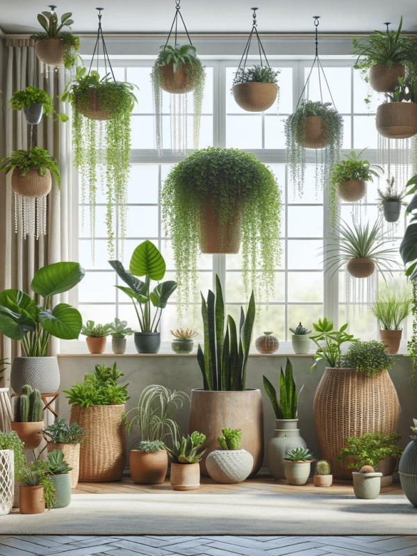 DALL·E 2023-12-20 20.29.00 - A beautifully arranged indoor garden scene with a variety of houseplants. The scene includes large potted plants like a fiddle leaf fig and a monstera
