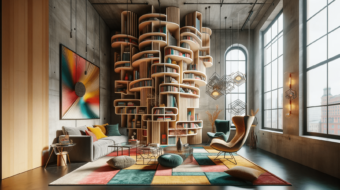 DALL·E 2023-12-20 20.30.36 - A visually striking interior showcasing creative design ideas. The room features a unique sculptural bookshelf that twists and turns, creating an arti