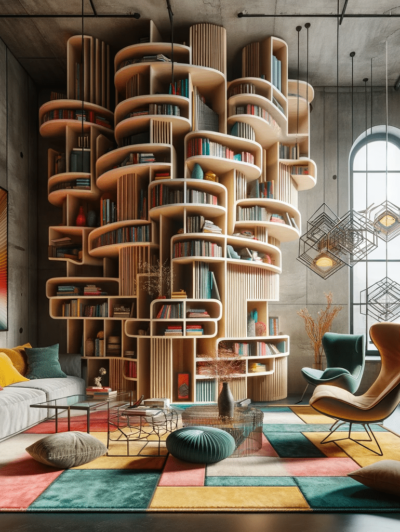 DALL·E 2023-12-20 20.30.36 - A visually striking interior showcasing creative design ideas. The room features a unique sculptural bookshelf that twists and turns, creating an arti