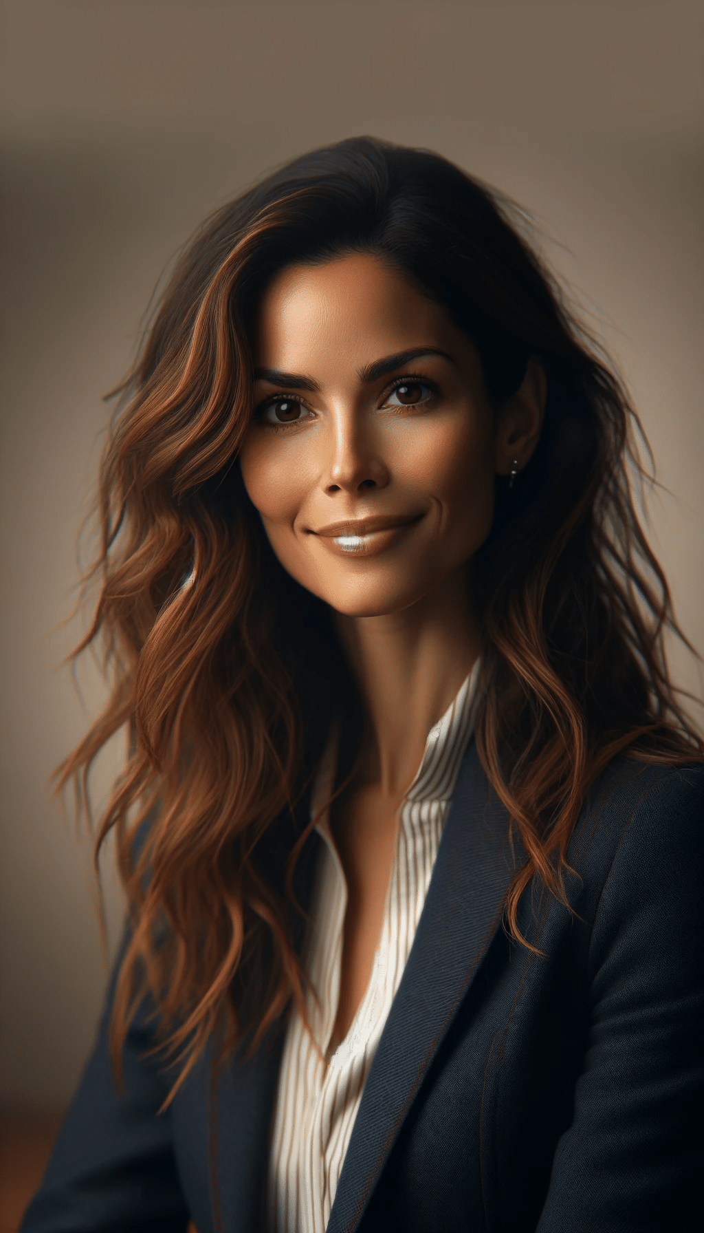 DALL·E 2023-12-17 16.02.33 - A headshot of a female interior designer for a website profile picture. The woman is Hispanic, in her early 30s, with long wavy brown hair and a warm,