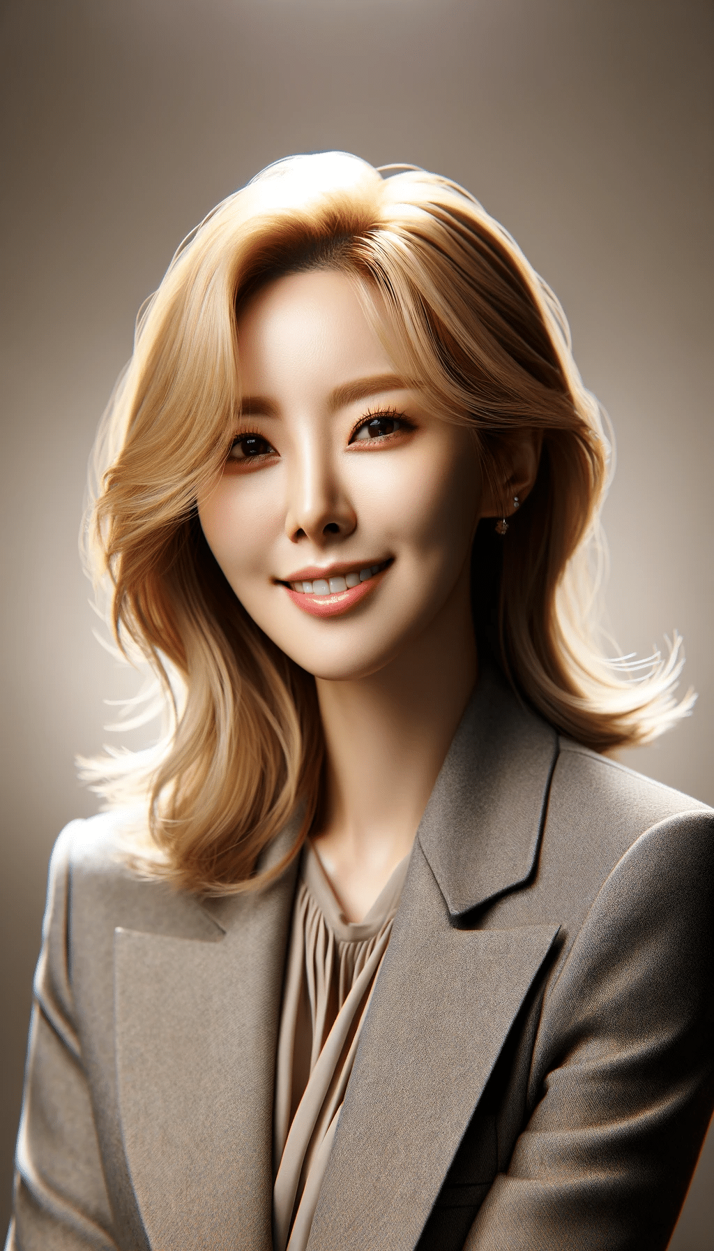 DALL·E 2023-12-17 16.03.28 - A headshot of a Korean woman with blonde hair for a profile picture. The woman is in her late 20s, with shoulder-length blonde hair styled in a modern